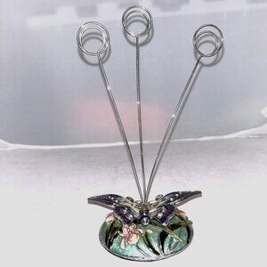 Enamel Butterfly Desk Card Photo Note Memo 8" Holder Floral Cloisonne Brass